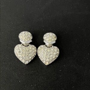 Silver Tone Rhinestone Heart Clip On Earrings